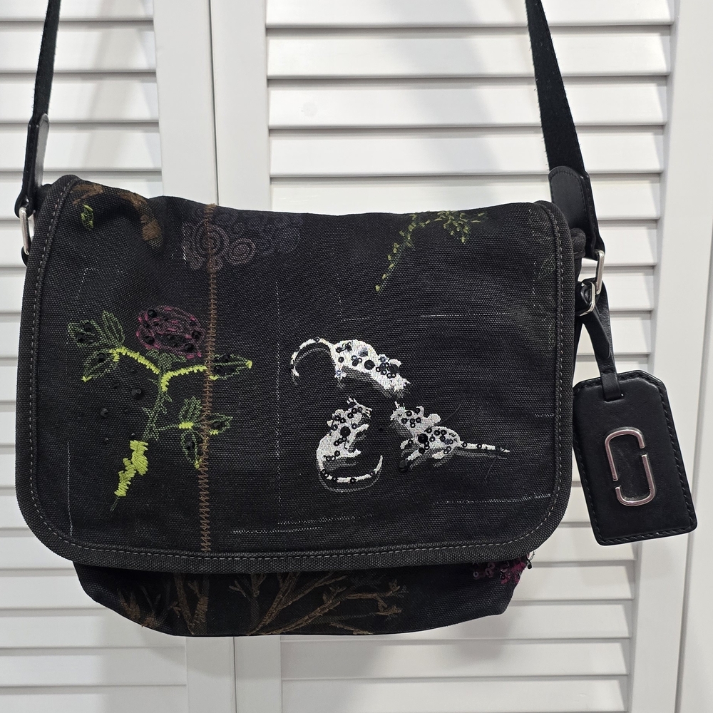 Marc Jacobs Black Floral Embroidered Crossbody Bag with Tag Accent